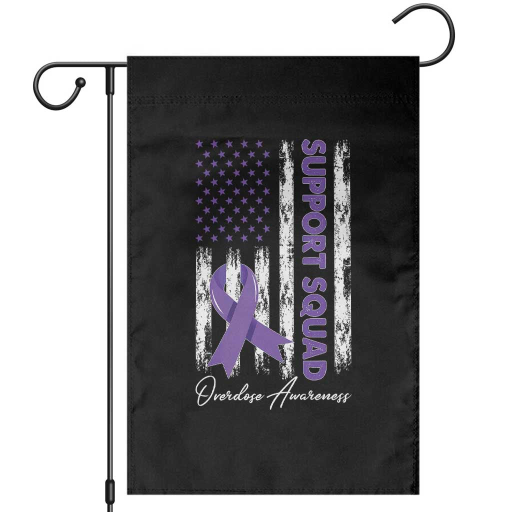 Support Squad Overdose Awareness Garden Flag Purple Ribbon American Flag Graphic
