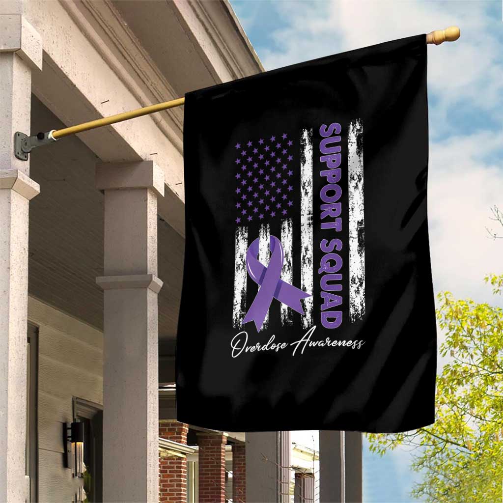 Support Squad Overdose Awareness Garden Flag Purple Ribbon American Flag Graphic