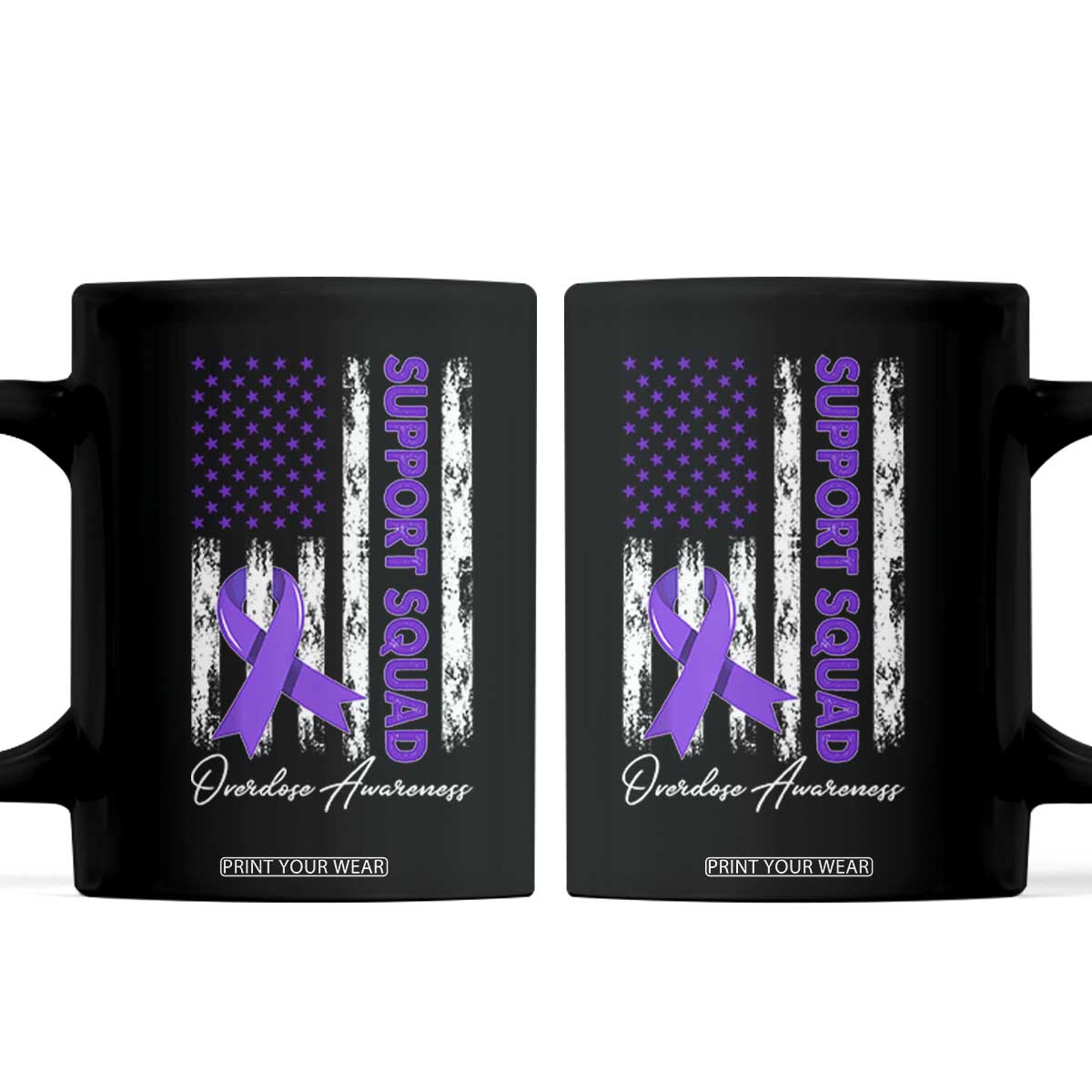 Support Squad Overdose Awareness Coffee Mug Purple Ribbon American Flag Graphic