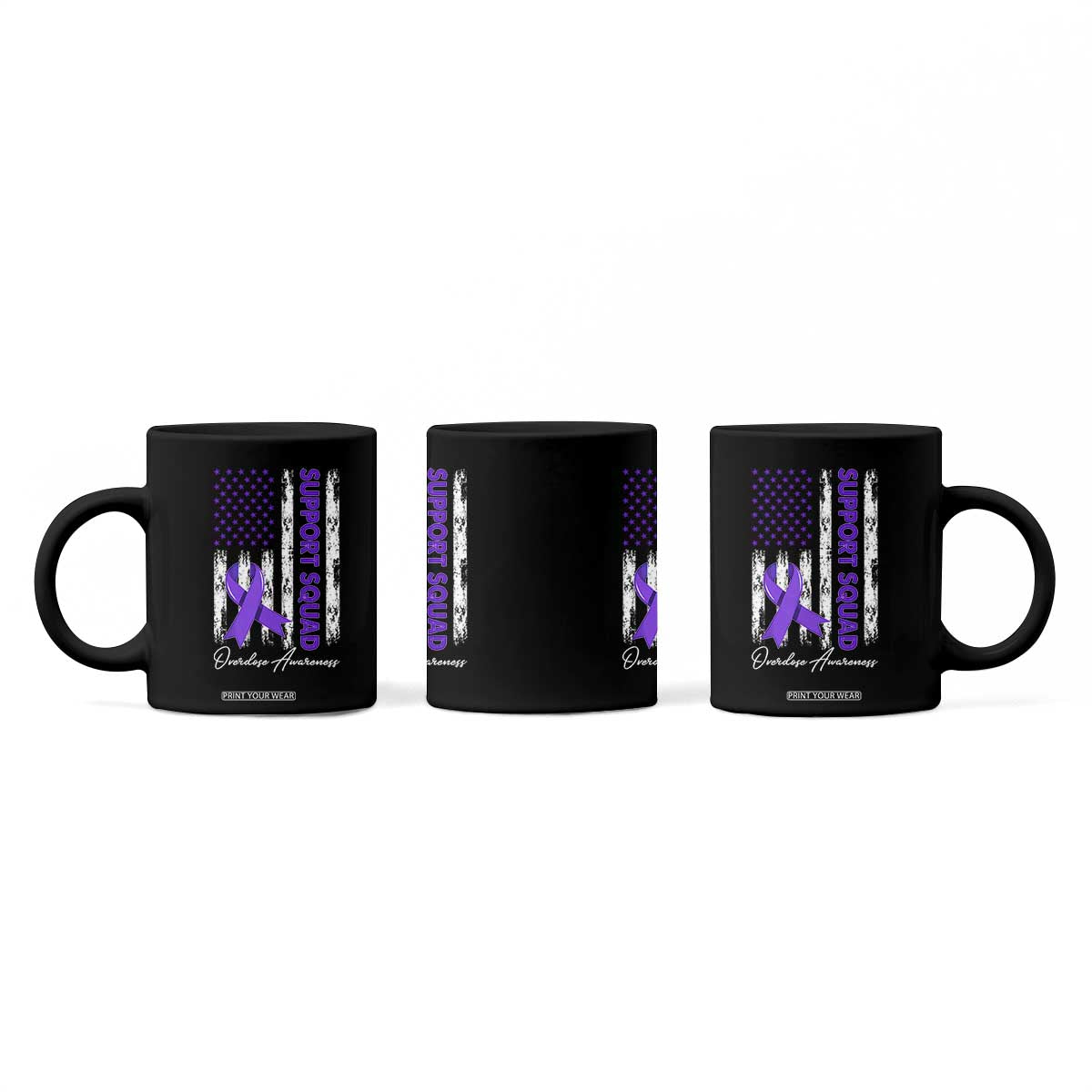 Support Squad Overdose Awareness Coffee Mug Purple Ribbon American Flag Graphic