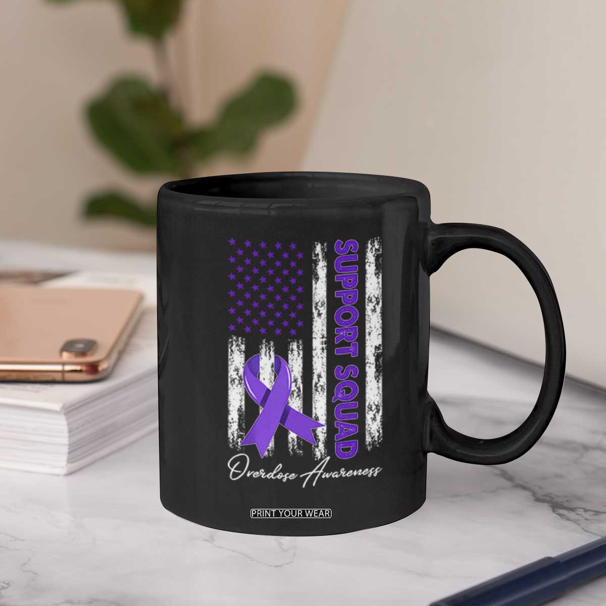 Support Squad Overdose Awareness Coffee Mug Purple Ribbon American Flag Graphic