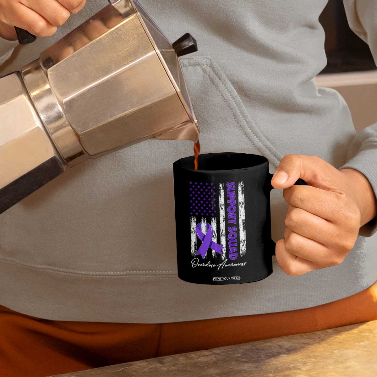 Support Squad Overdose Awareness Coffee Mug Purple Ribbon American Flag Graphic