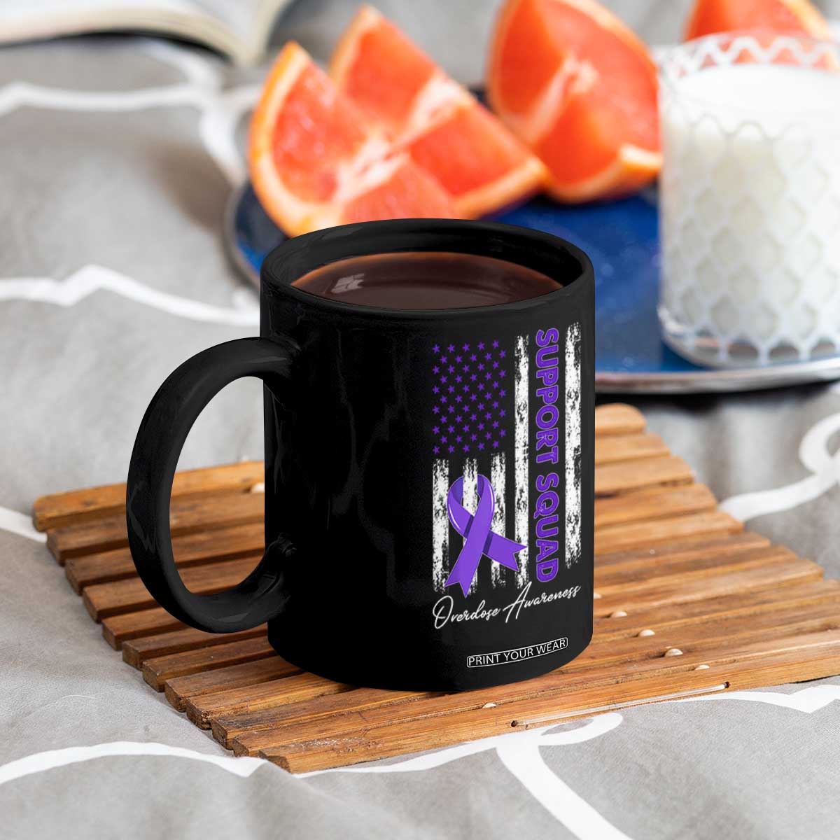 Support Squad Overdose Awareness Coffee Mug Purple Ribbon American Flag Graphic