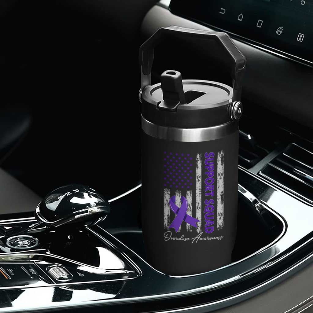 Support Squad Overdose Awareness Flip Straw Tumbler Purple Ribbon American Flag Graphic