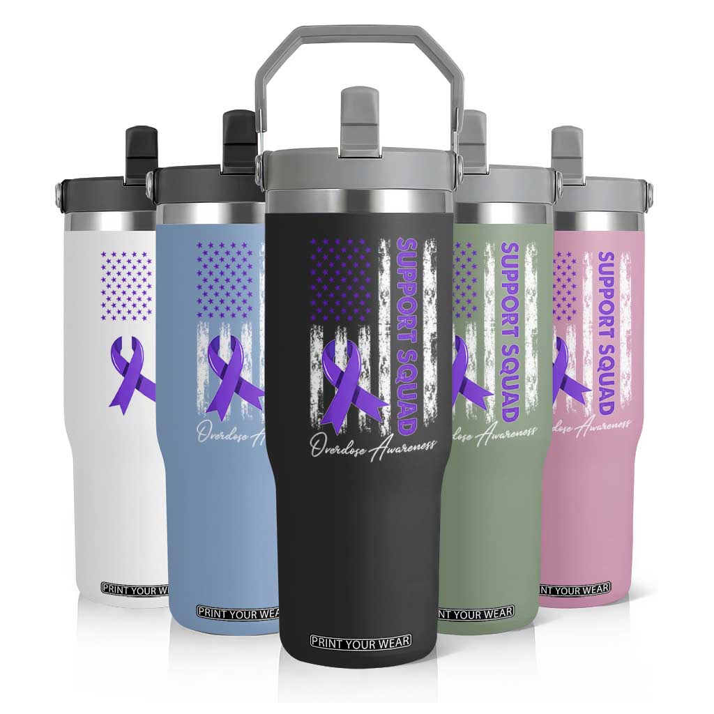 Support Squad Overdose Awareness Flip Straw Tumbler Purple Ribbon American Flag Graphic