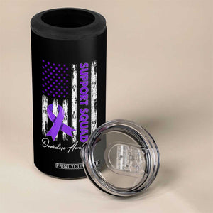 Support Squad Overdose Awareness 4 in 1 Can Cooler Tumbler Purple Ribbon American Flag Graphic