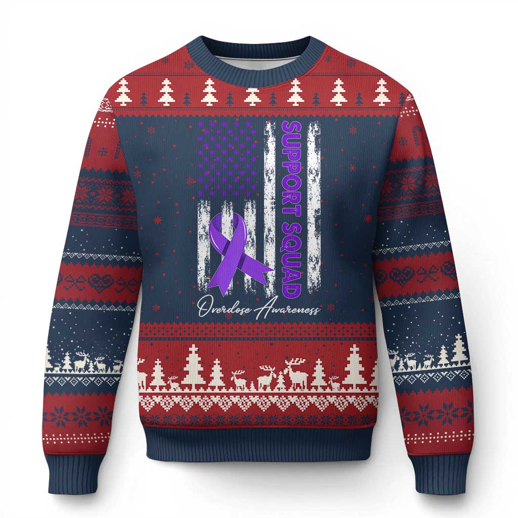 Support Squad Overdose Awareness Ugly Christmas Sweater Purple Ribbon American Flag Graphic