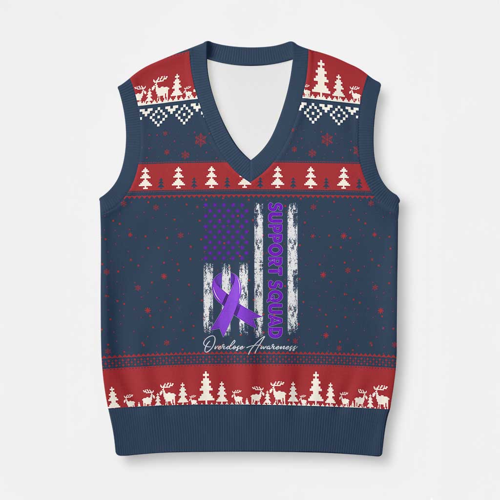 Support Squad Overdose Awareness V-Neck Knit Sweater Vest Purple Ribbon American Flag Graphic TS10 Navy Red Print Your Wear