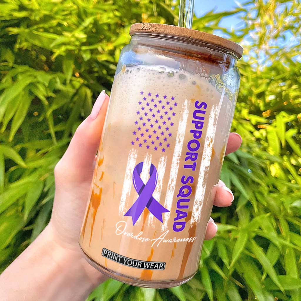 Support Squad Overdose Awareness Glass Can Purple Ribbon American Flag Graphic