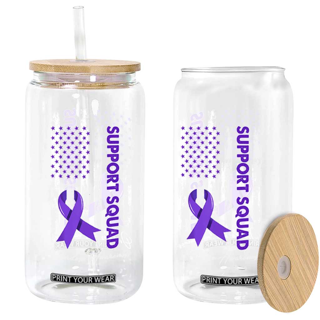 Support Squad Overdose Awareness Glass Can Purple Ribbon American Flag Graphic