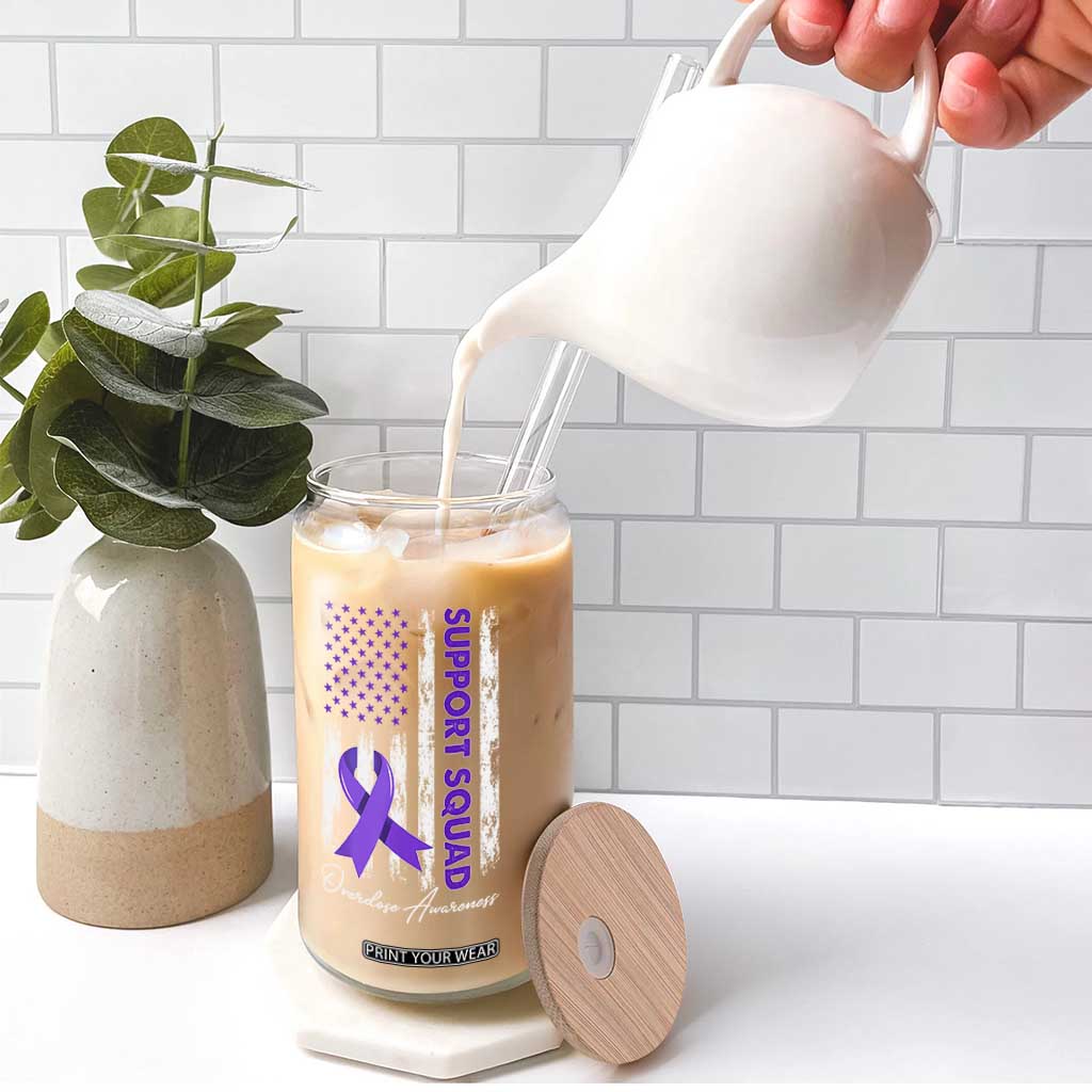 Support Squad Overdose Awareness Glass Can Purple Ribbon American Flag Graphic