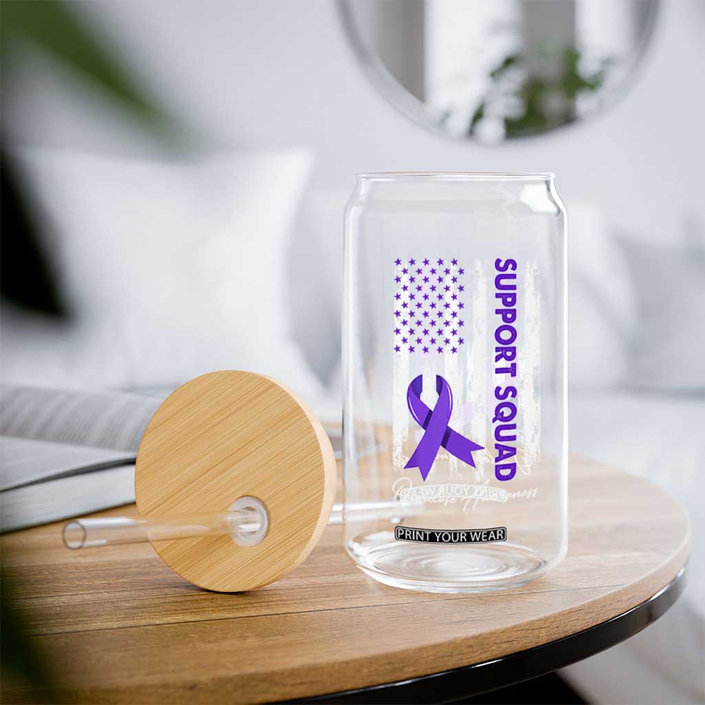 Support Squad Overdose Awareness Glass Can Purple Ribbon American Flag Graphic