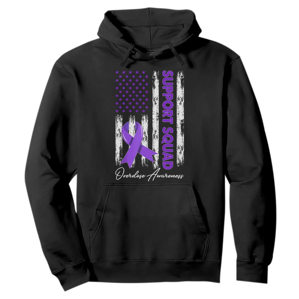 Support Squad Overdose Awareness Hoodie Purple Ribbon American Flag Graphic