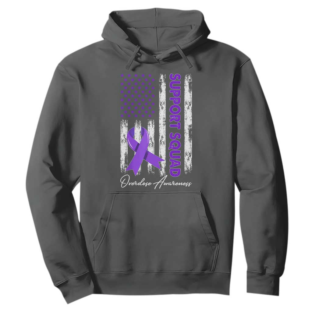 Support Squad Overdose Awareness Hoodie Purple Ribbon American Flag Graphic