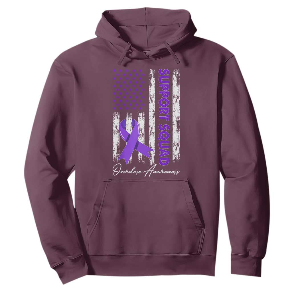 Support Squad Overdose Awareness Hoodie Purple Ribbon American Flag Graphic