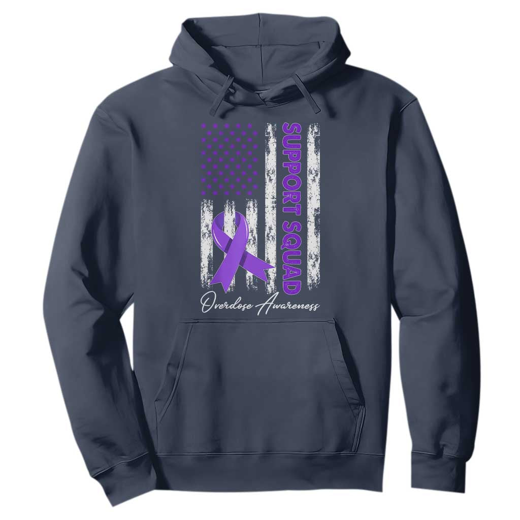 Support Squad Overdose Awareness Hoodie Purple Ribbon American Flag Graphic