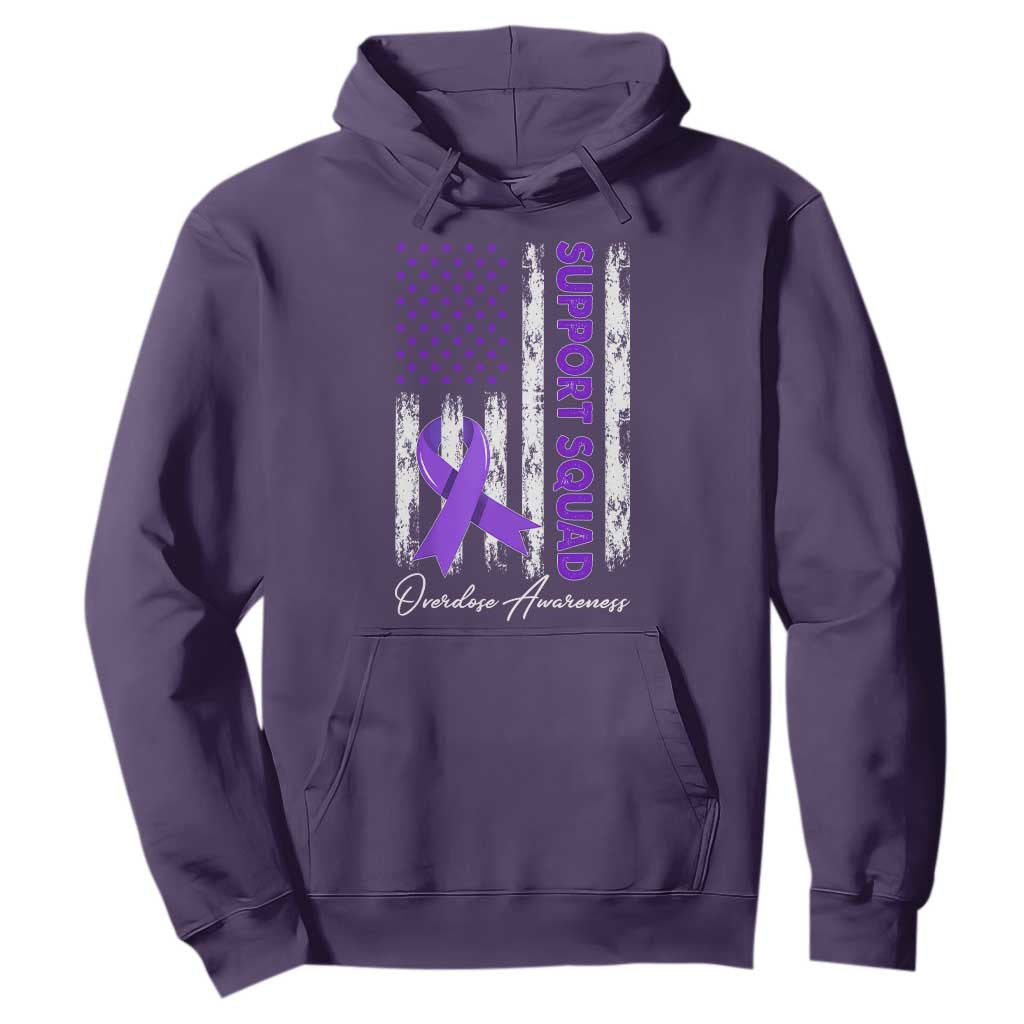 Support Squad Overdose Awareness Hoodie Purple Ribbon American Flag Graphic