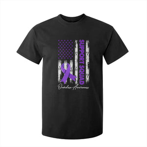 Support Squad Overdose Awareness T Shirt For Kid Purple Ribbon American Flag Graphic