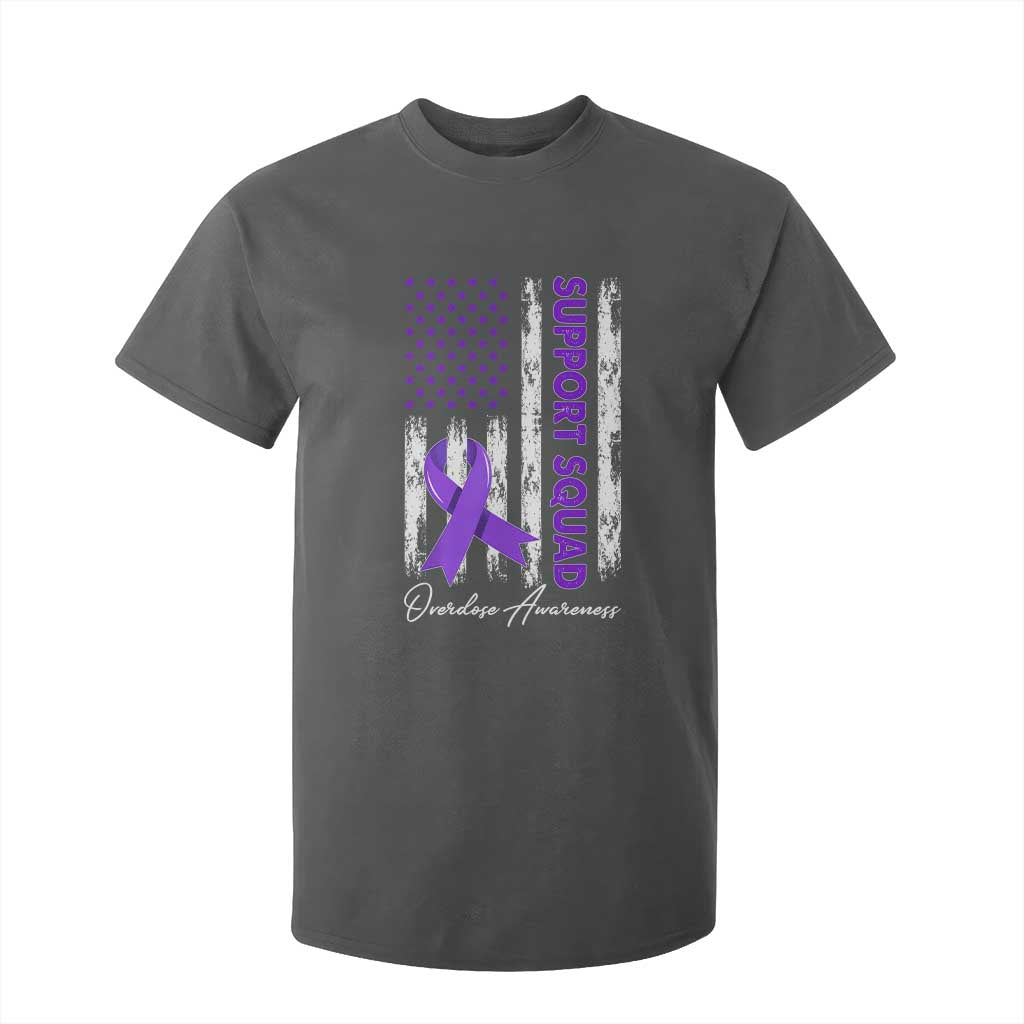 Support Squad Overdose Awareness T Shirt For Kid Purple Ribbon American Flag Graphic