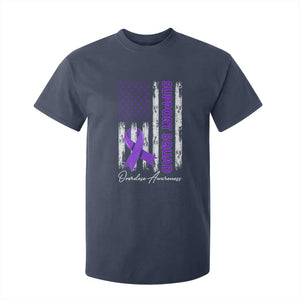 Support Squad Overdose Awareness T Shirt For Kid Purple Ribbon American Flag Graphic