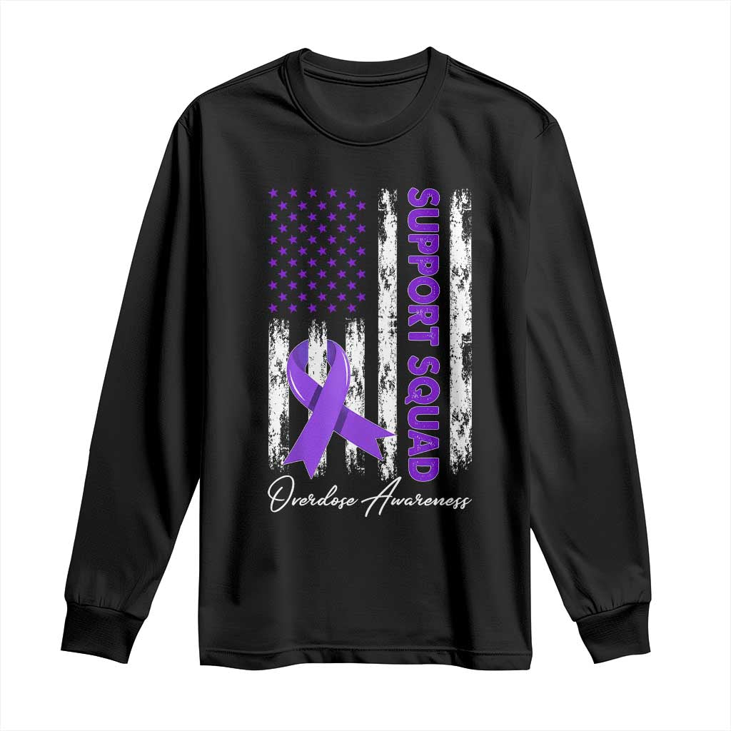 Support Squad Overdose Awareness Long Sleeve Shirt Purple Ribbon American Flag Graphic TS10 Black Print Your Wear