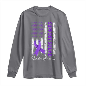 Support Squad Overdose Awareness Long Sleeve Shirt Purple Ribbon American Flag Graphic