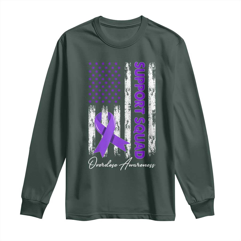 Support Squad Overdose Awareness Long Sleeve Shirt Purple Ribbon American Flag Graphic
