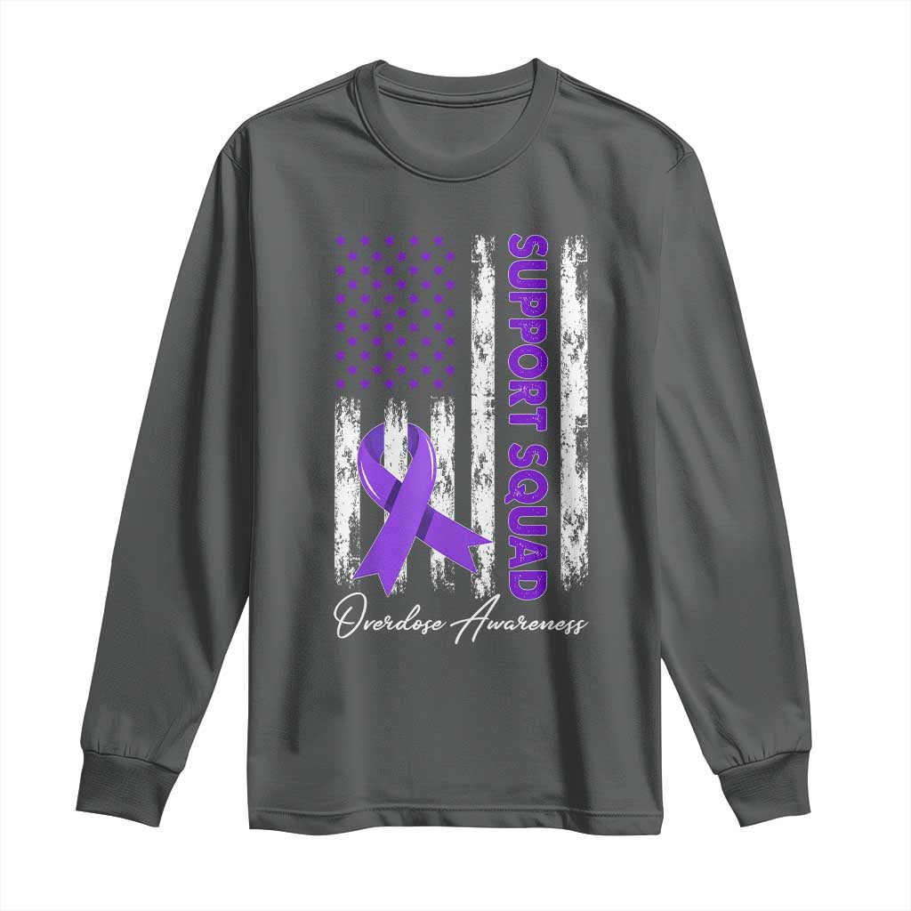 Support Squad Overdose Awareness Long Sleeve Shirt Purple Ribbon American Flag Graphic