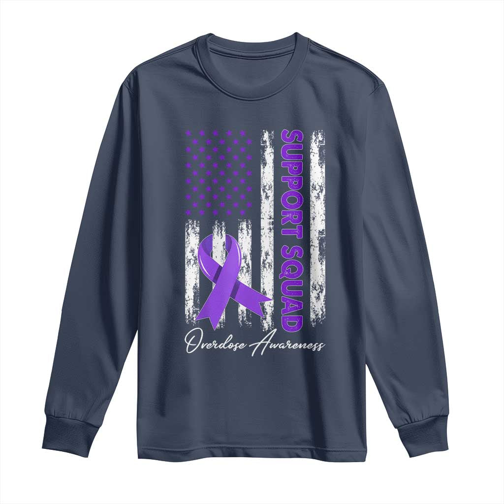 Support Squad Overdose Awareness Long Sleeve Shirt Purple Ribbon American Flag Graphic
