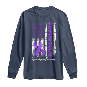 Support Squad Overdose Awareness Long Sleeve Shirt Purple Ribbon American Flag Graphic