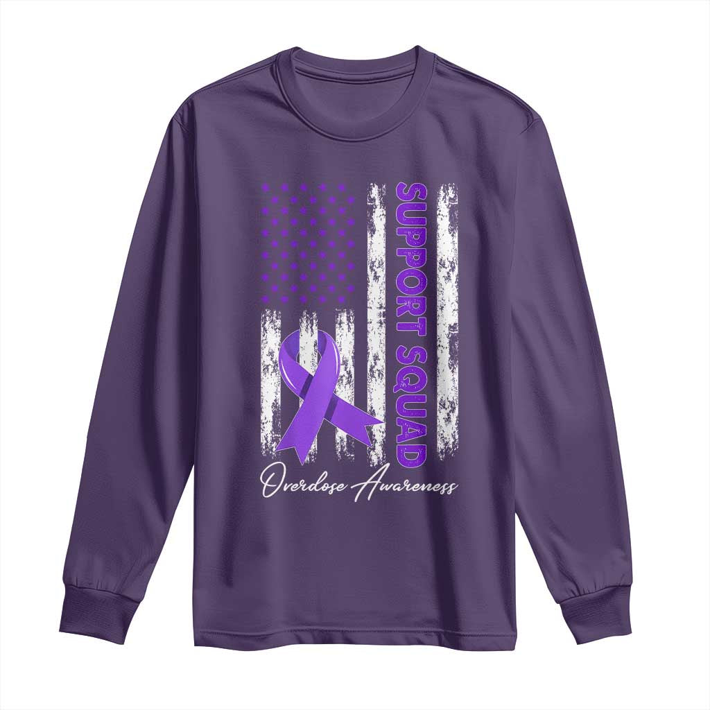 Support Squad Overdose Awareness Long Sleeve Shirt Purple Ribbon American Flag Graphic