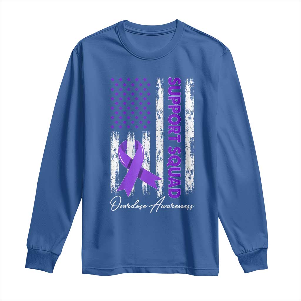 Support Squad Overdose Awareness Long Sleeve Shirt Purple Ribbon American Flag Graphic