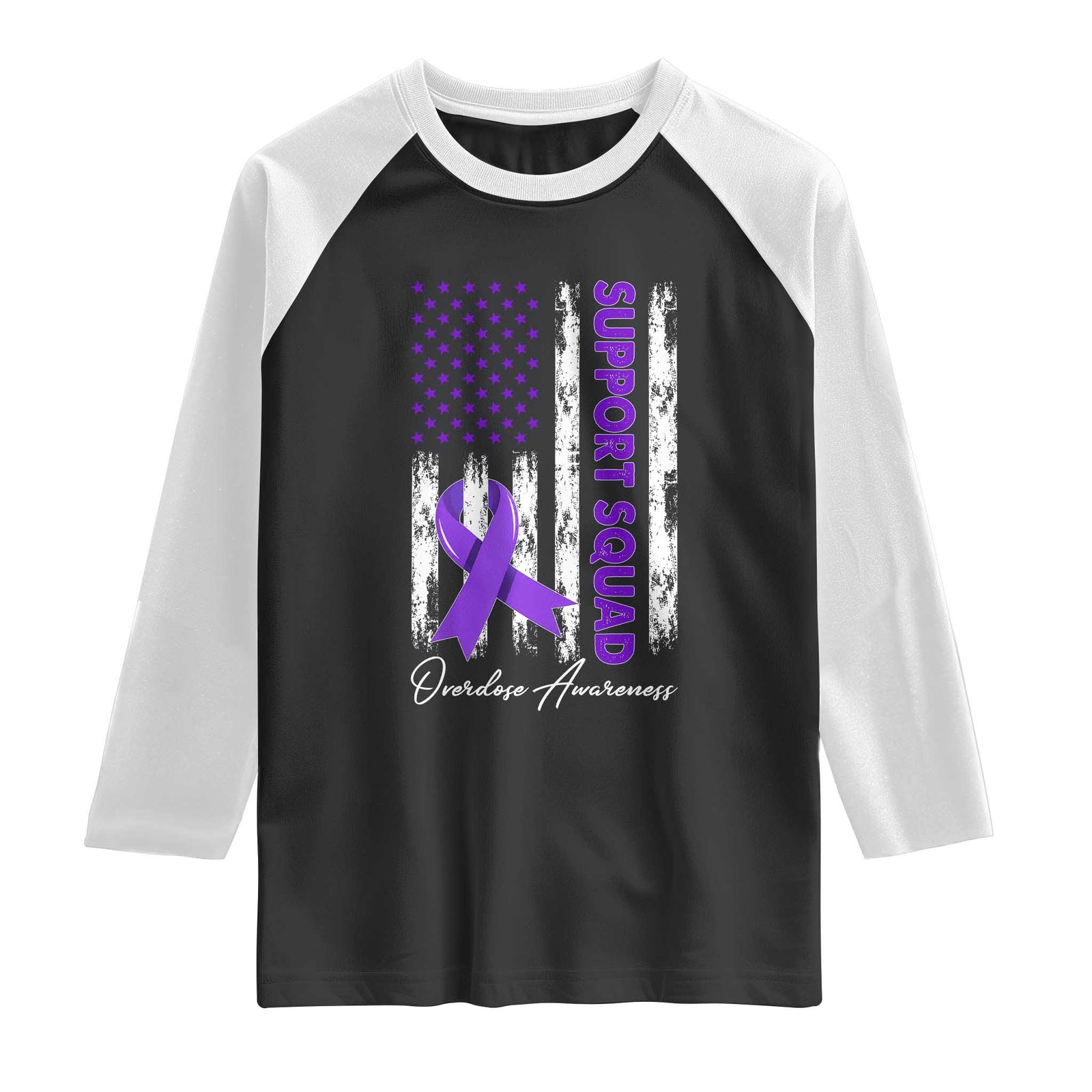 Support Squad Overdose Awareness Raglan Shirt Purple Ribbon American Flag Graphic TS10 Black White Print Your Wear