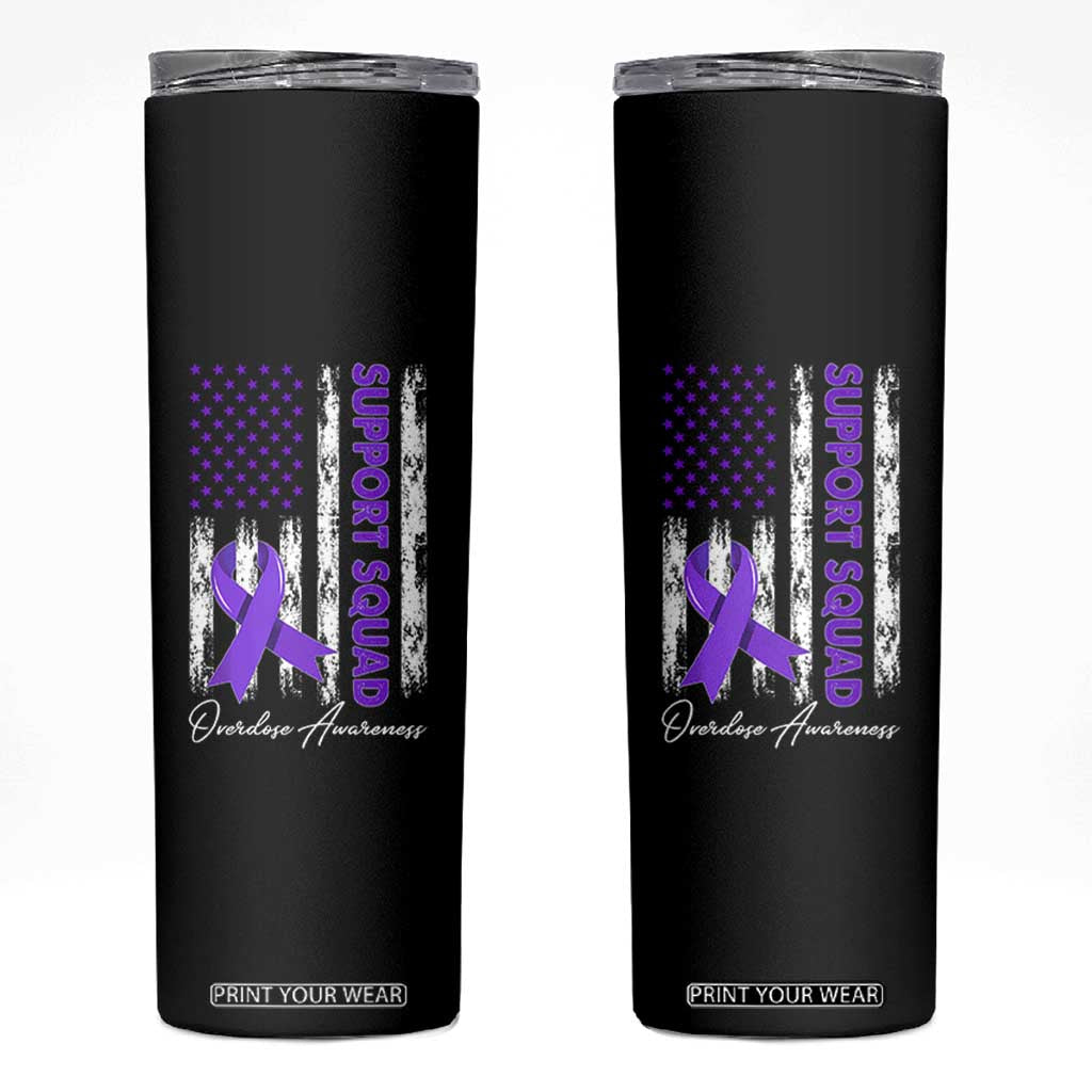 Support Squad Overdose Awareness Skinny Tumbler Purple Ribbon American Flag Graphic