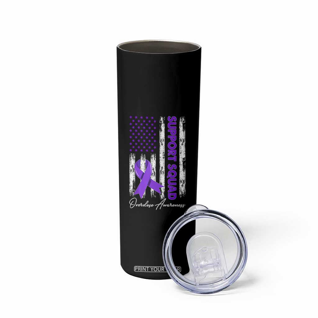 Support Squad Overdose Awareness Skinny Tumbler Purple Ribbon American Flag Graphic