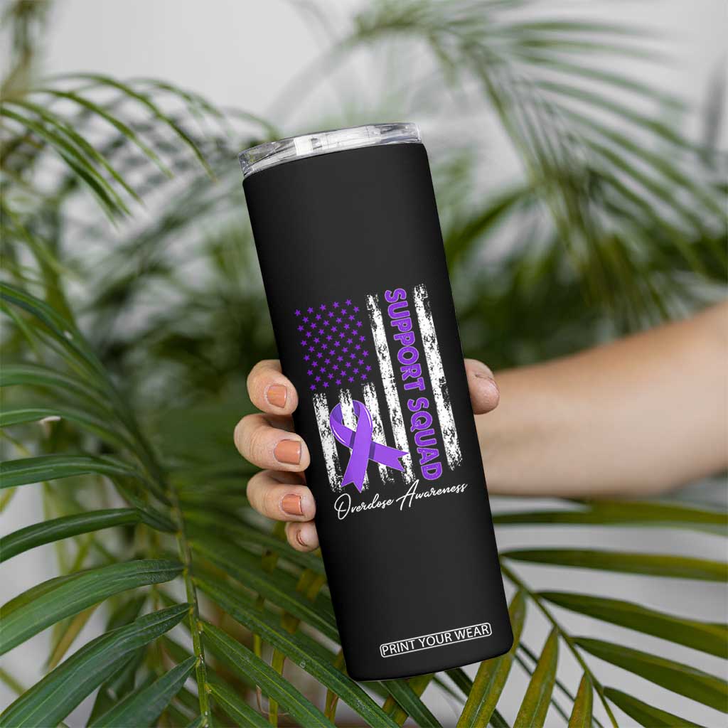 Support Squad Overdose Awareness Skinny Tumbler Purple Ribbon American Flag Graphic