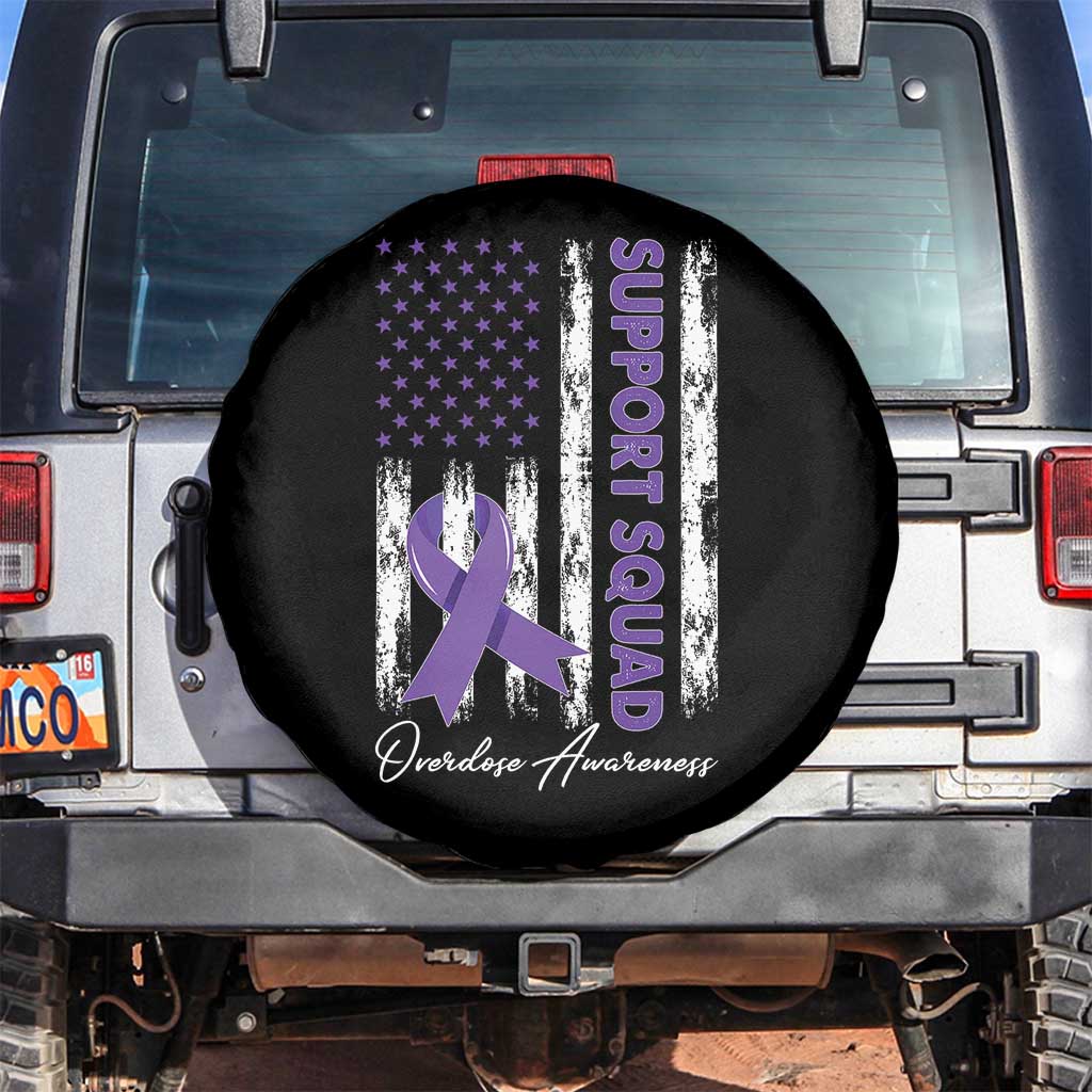 Support Squad Overdose Awareness Spare Tire Cover Purple Ribbon American Flag Graphic TS10 No hole Black Print Your Wear