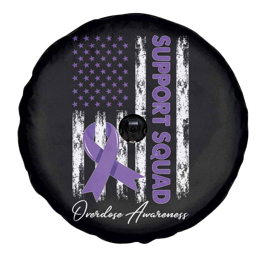 Support Squad Overdose Awareness Spare Tire Cover Purple Ribbon American Flag Graphic