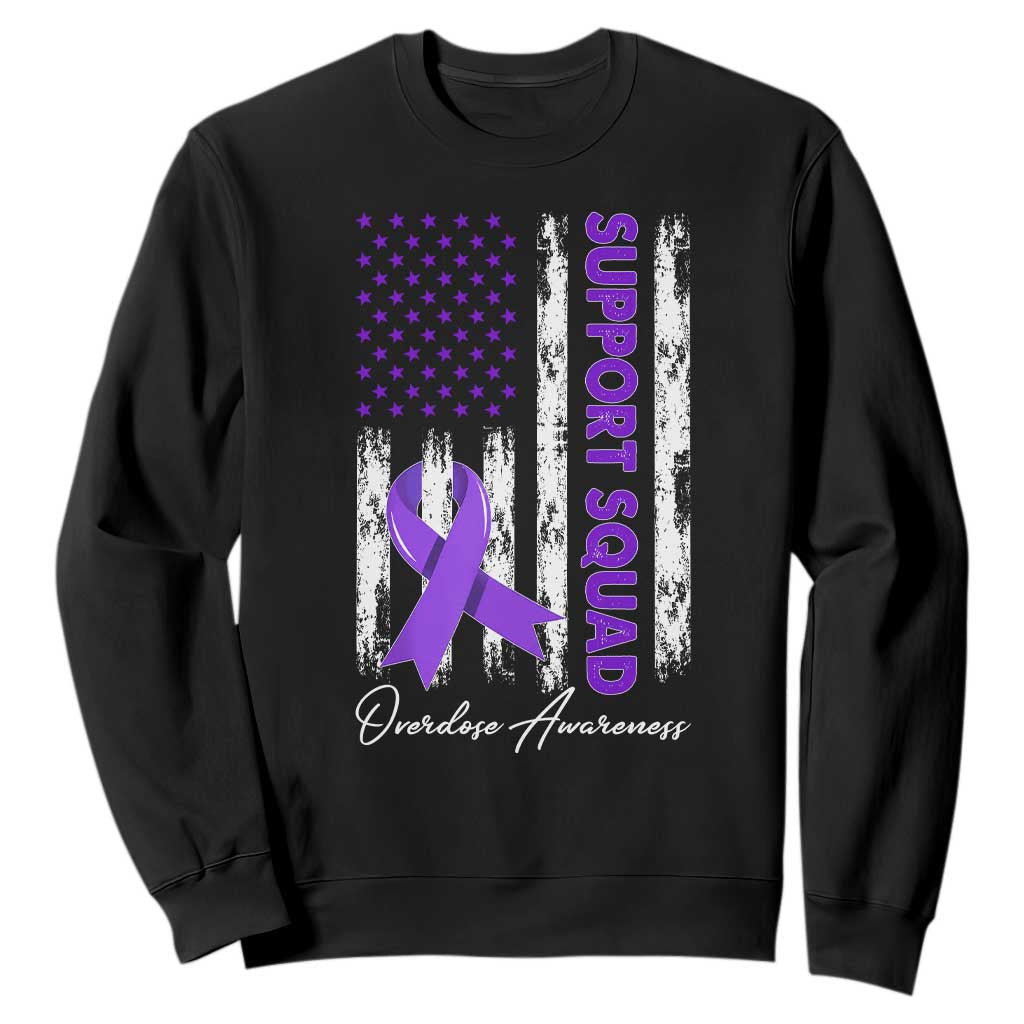 Support Squad Overdose Awareness Sweatshirt Purple Ribbon American Flag Graphic TS10 Black Print Your Wear