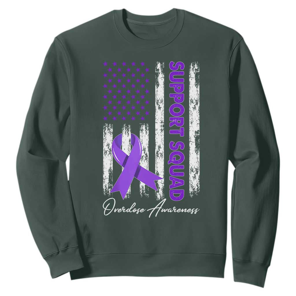 Support Squad Overdose Awareness Sweatshirt Purple Ribbon American Flag Graphic