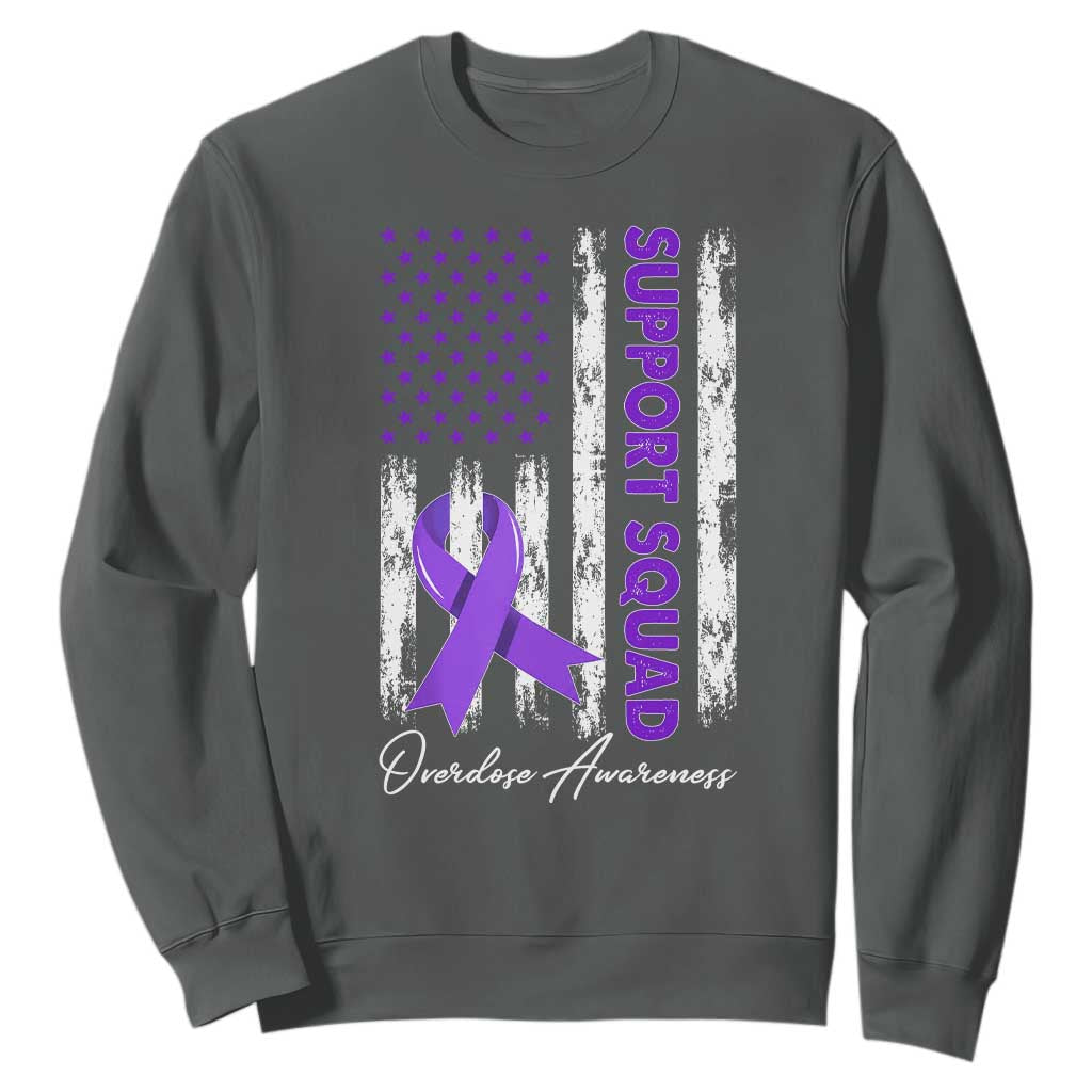 Support Squad Overdose Awareness Sweatshirt Purple Ribbon American Flag Graphic