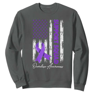 Support Squad Overdose Awareness Sweatshirt Purple Ribbon American Flag Graphic