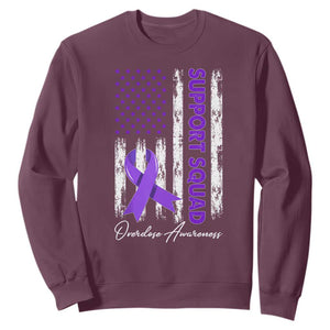 Support Squad Overdose Awareness Sweatshirt Purple Ribbon American Flag Graphic