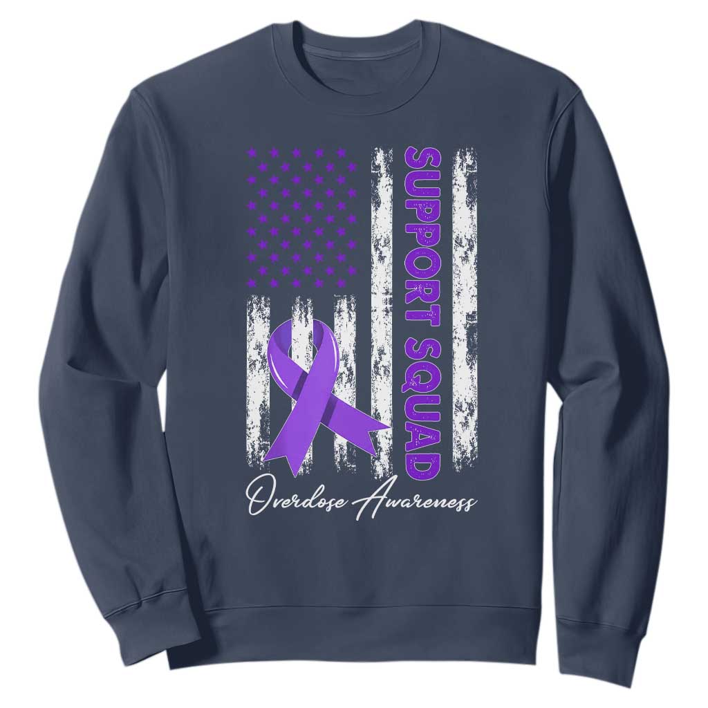 Support Squad Overdose Awareness Sweatshirt Purple Ribbon American Flag Graphic