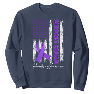 Support Squad Overdose Awareness Sweatshirt Purple Ribbon American Flag Graphic