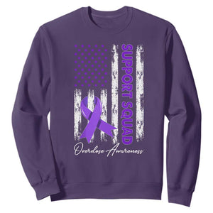 Support Squad Overdose Awareness Sweatshirt Purple Ribbon American Flag Graphic