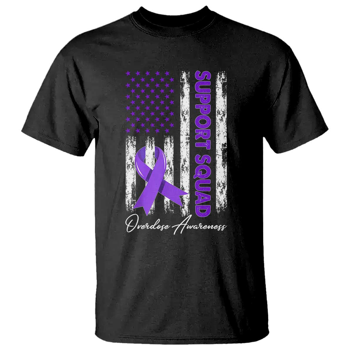 Support Squad Overdose Awareness T Shirt Purple Ribbon American Flag Graphic TS10 Black Print Your Wear