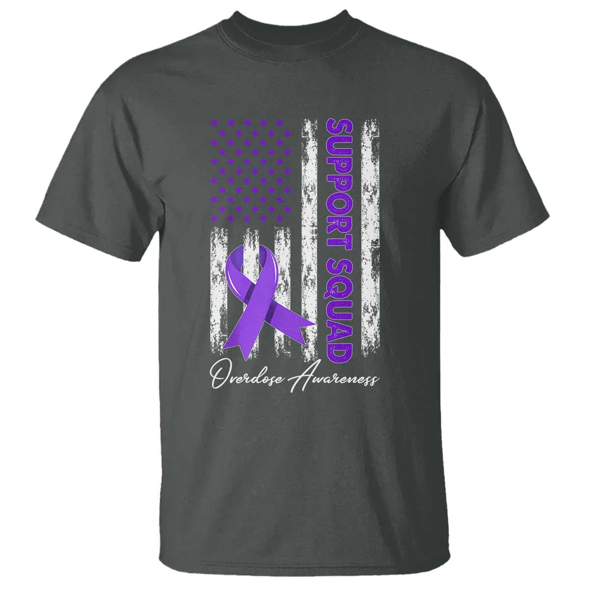 Support Squad Overdose Awareness T Shirt Purple Ribbon American Flag Graphic