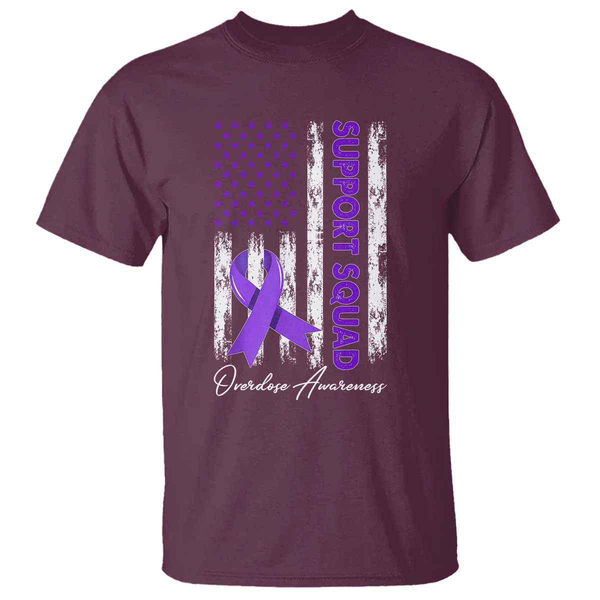 Support Squad Overdose Awareness T Shirt Purple Ribbon American Flag Graphic