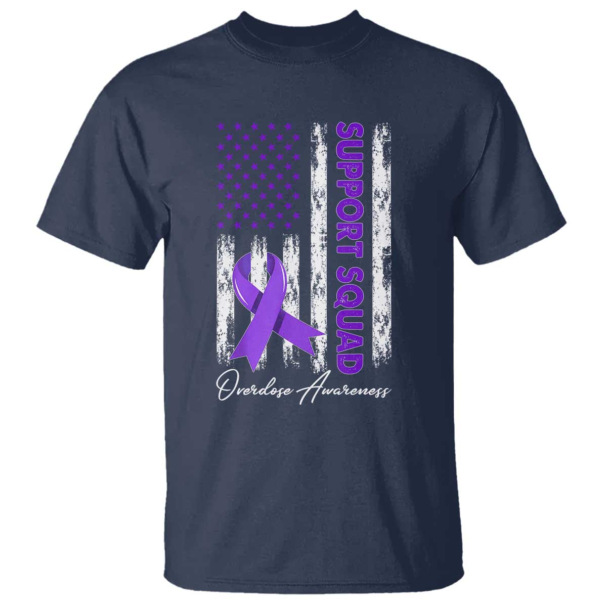 Support Squad Overdose Awareness T Shirt Purple Ribbon American Flag Graphic